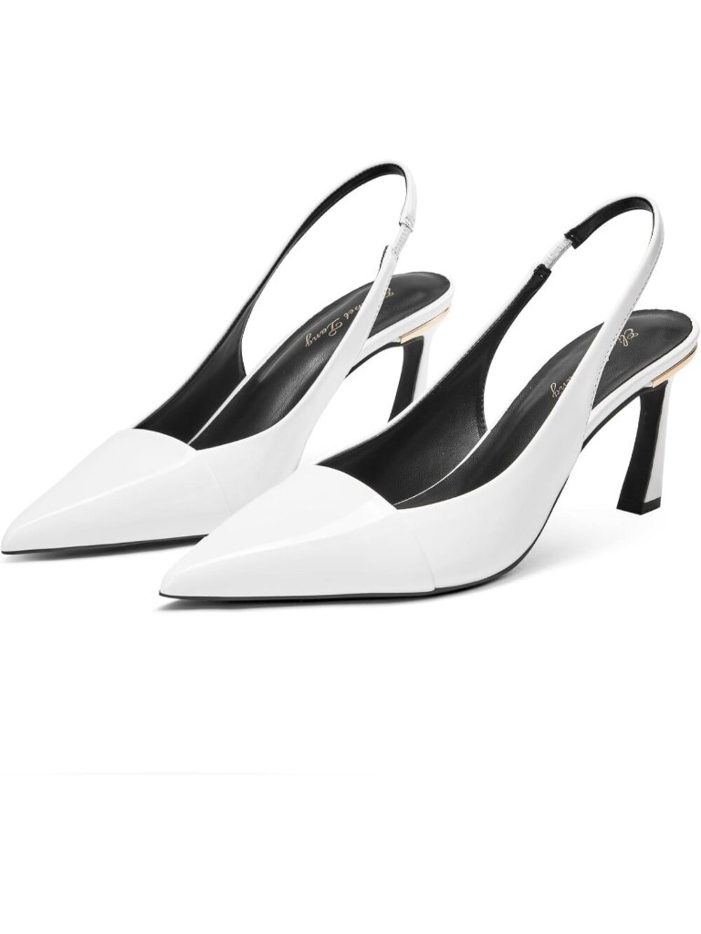 Women's White Chunky High Heel Slingback Low Pumps Pointed Closed Toe Shoes